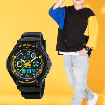 Orologio Dual Display da ragazzo con cinturino in silicone nero e quadrante nero e giallo