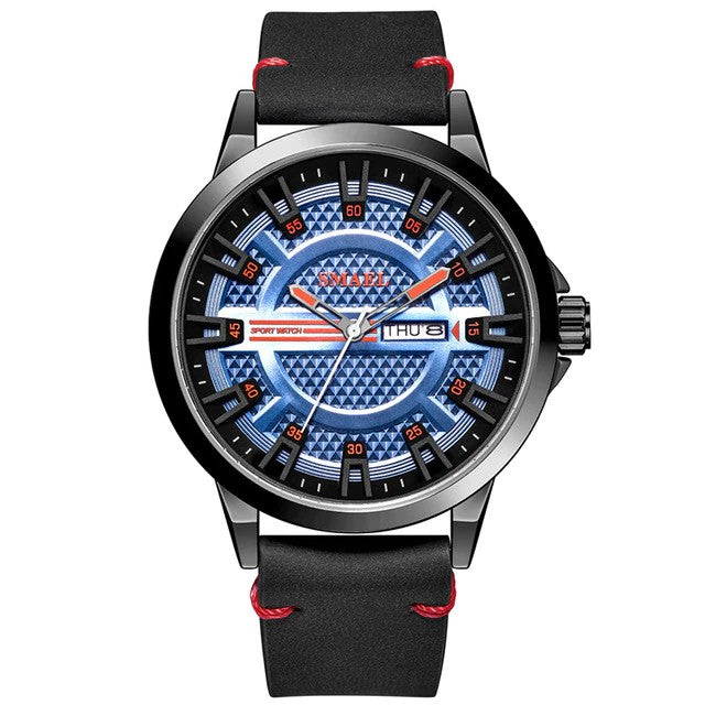 Orologio analogico da ragazzo con cinturino in pelle nera e quadrante blu